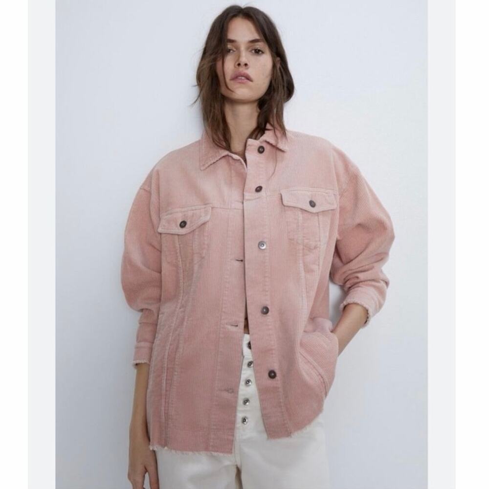 Zara Pink Corduroy Oversized Trucker Jacket Frayed Hem Button Front Size Small